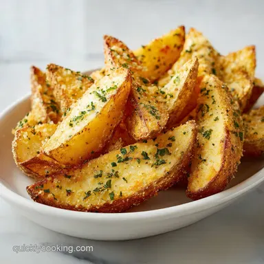 Baked Garlic Parmesan Potato Wedges with Crispy Mahogany Texture Recipe Card