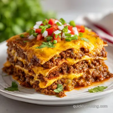 Taco Bake with Tortillas in 35 Minutes | Golden Cheesy Layered Recipe Card