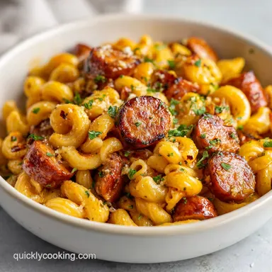 Sticky Honey Garlic Sausage Pasta Skillet for 4 Servings Recipe Card