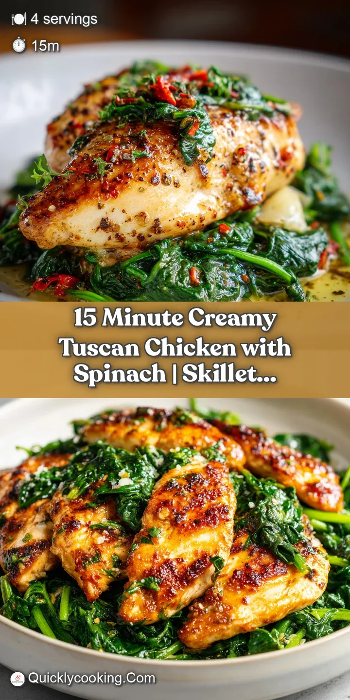 Close-up of tender chicken breast bathed in creamy Tuscan sauce with plump sun-dried tomatoes and wilted spinach. Shiny an...