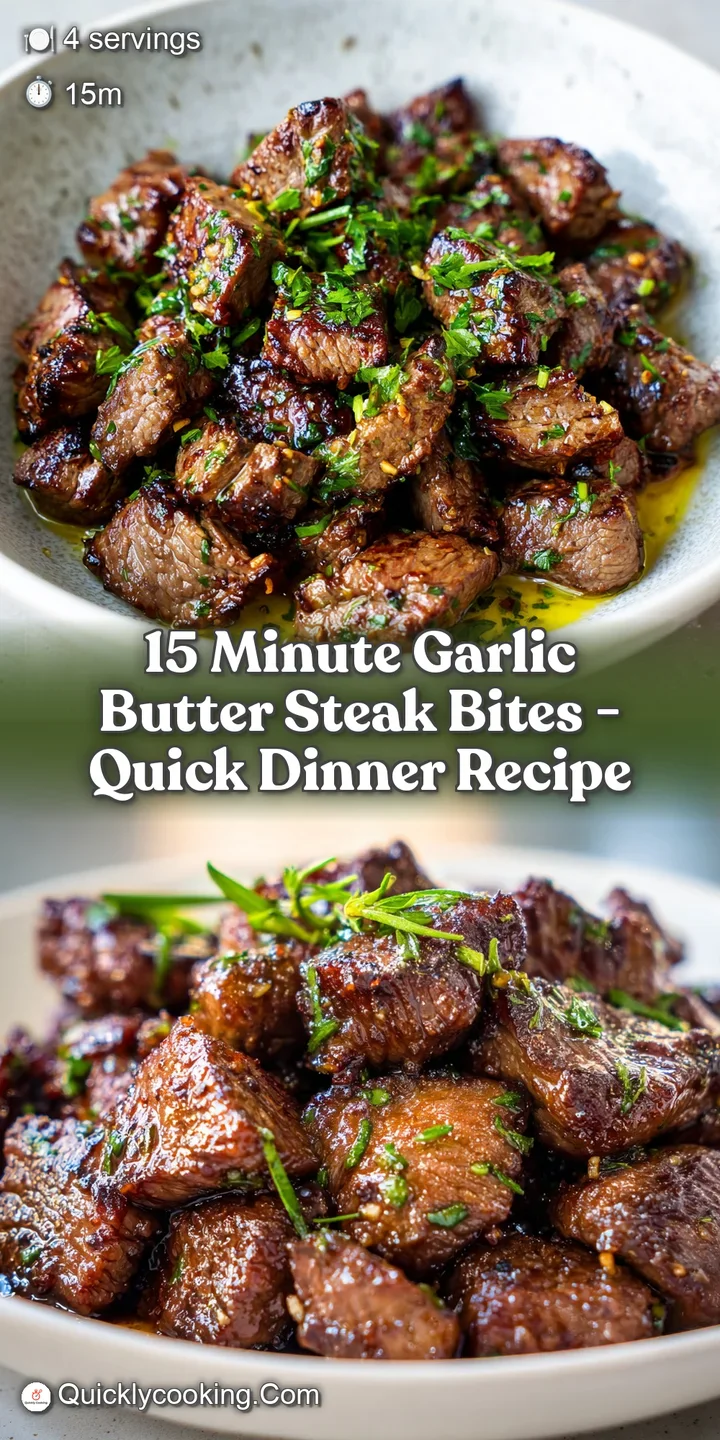 Close-up capturing the savory, glistening texture of garlic butter steak bites with flecks of parsley, hinting at the rich...