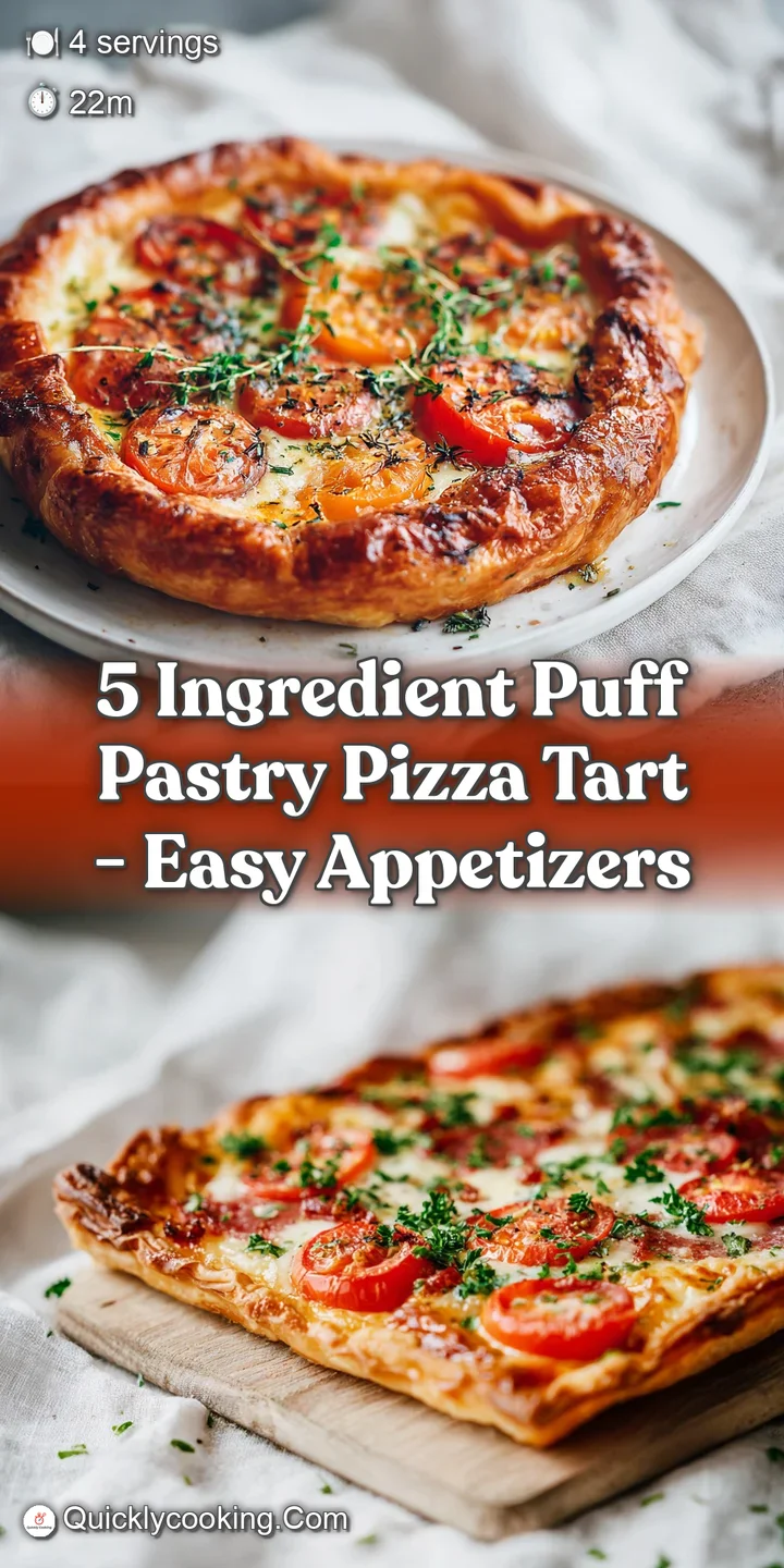 Close-up of a warm puff pastry pizza tart, showcasing bubbly cheese, rich tomato sauce, and curled pepperoni slices on gol...
