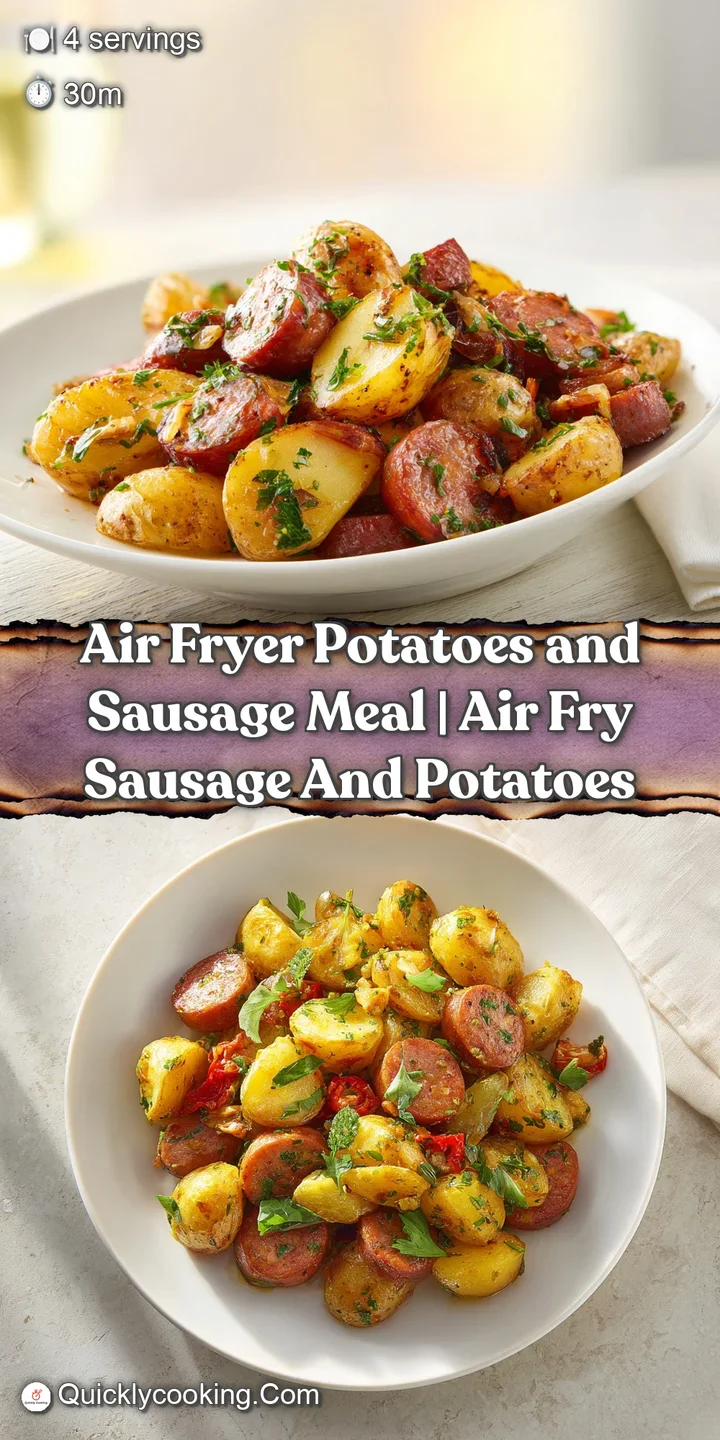 Close-up of perfectly browned air fryer potatoes and juicy sausage pieces with a slight char, ready to enjoy.