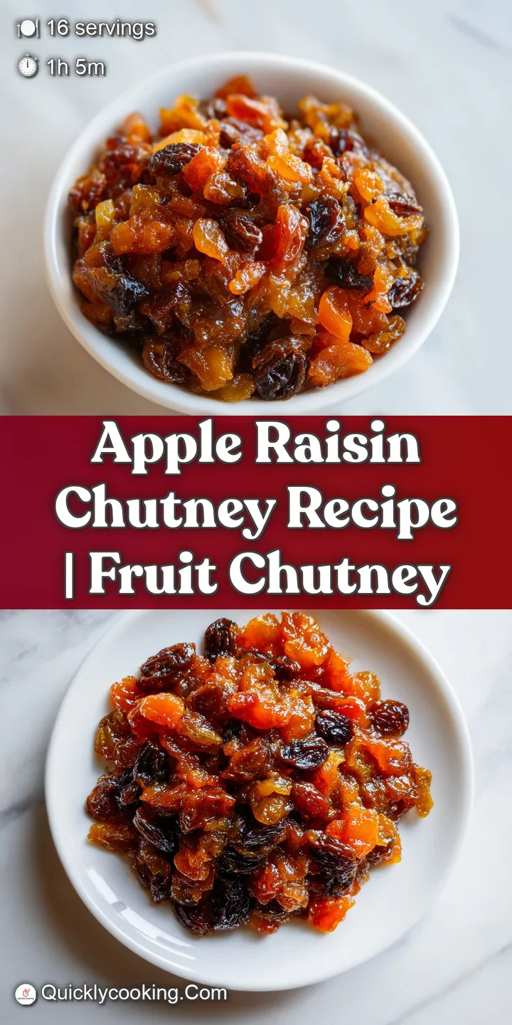 Close-up: Thick, glistening apple chutney with visible apple chunks, plump raisins, and hints of spices. Sweet and tangy a...