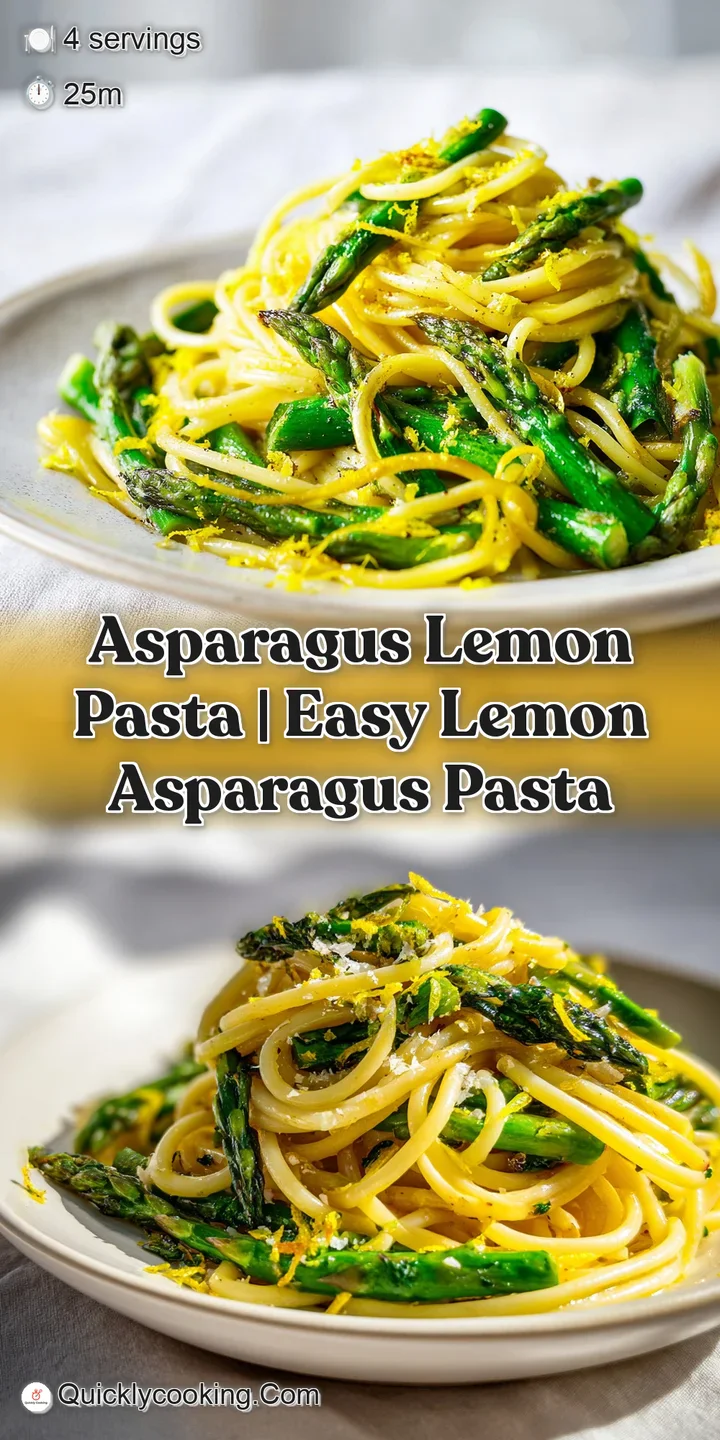 Close-up of silky pasta coated in a light lemon sauce with crisp green asparagus and shavings of white cheese.