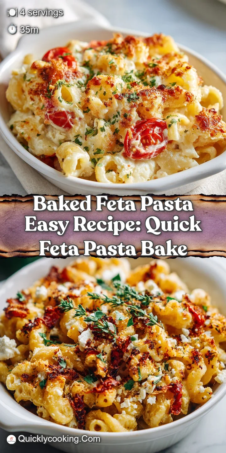 Close-up of baked feta pasta with melted cheese, bursting tomatoes, and herbs. Hints of olive oil glisten and blend with t...