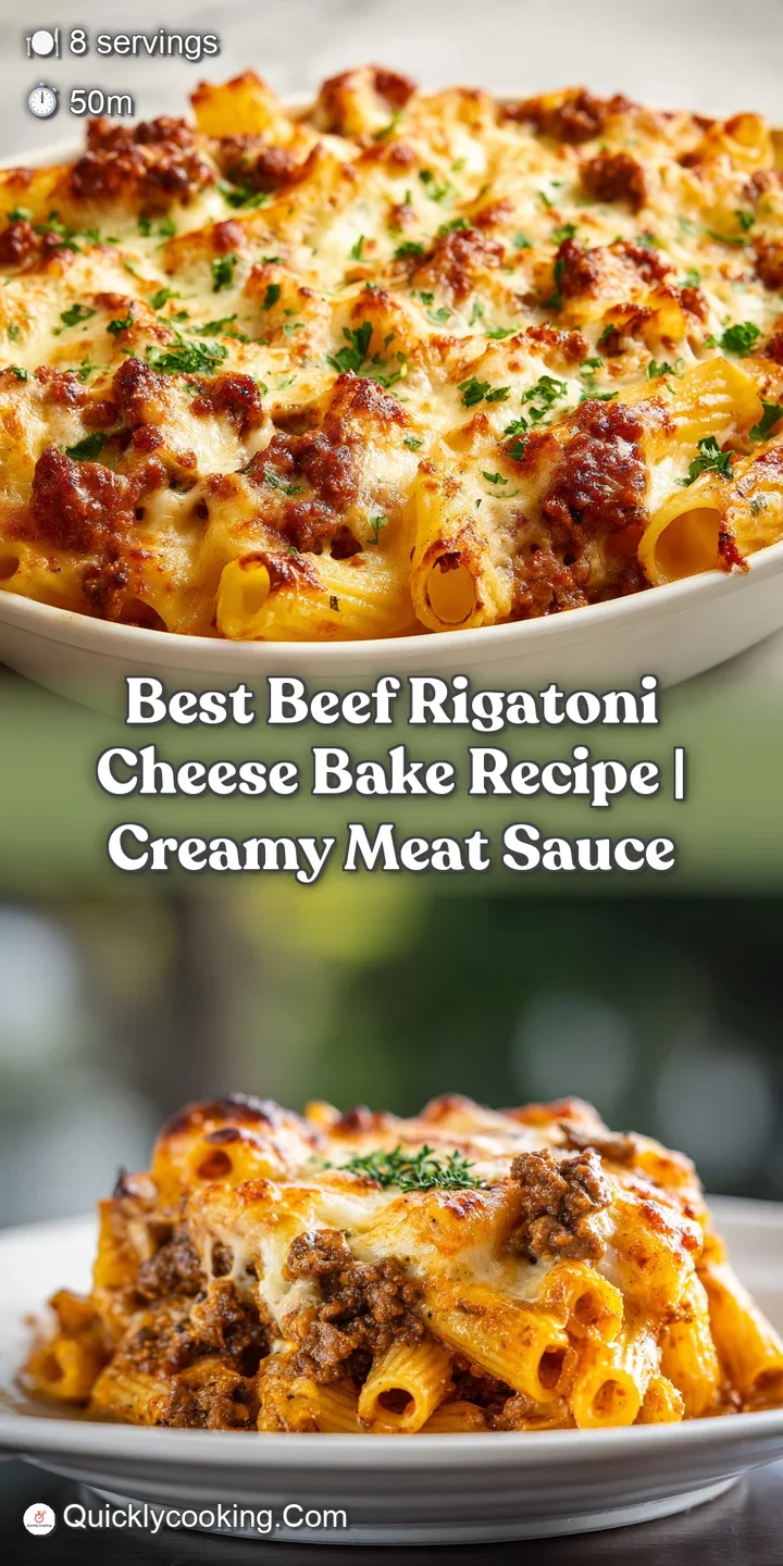 Close-up of beef rigatoni: the bubbling cheese stretches over pasta tubes, the rich red sauce contrasting with fresh herbs.