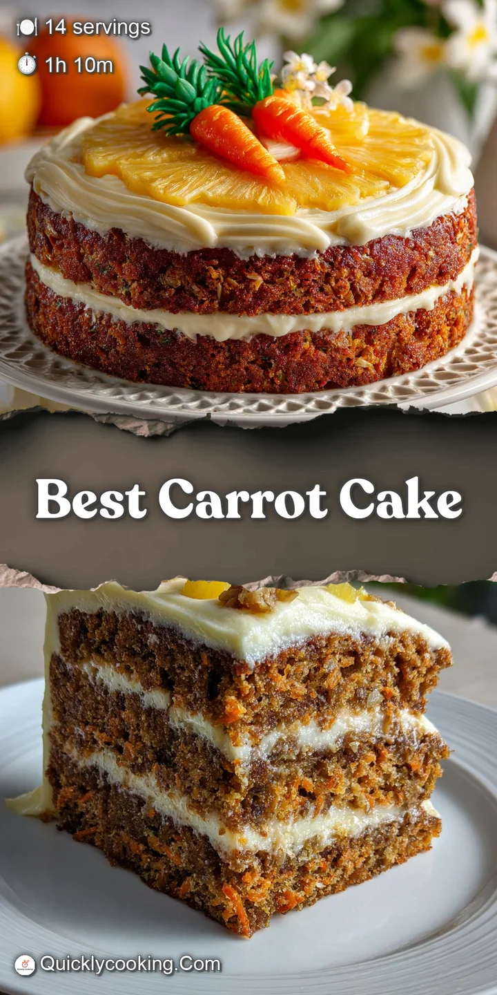 Close-up of a carrot cake showing moist crumbs, visible pineapple, and a swirl of creamy frosting with nuts.