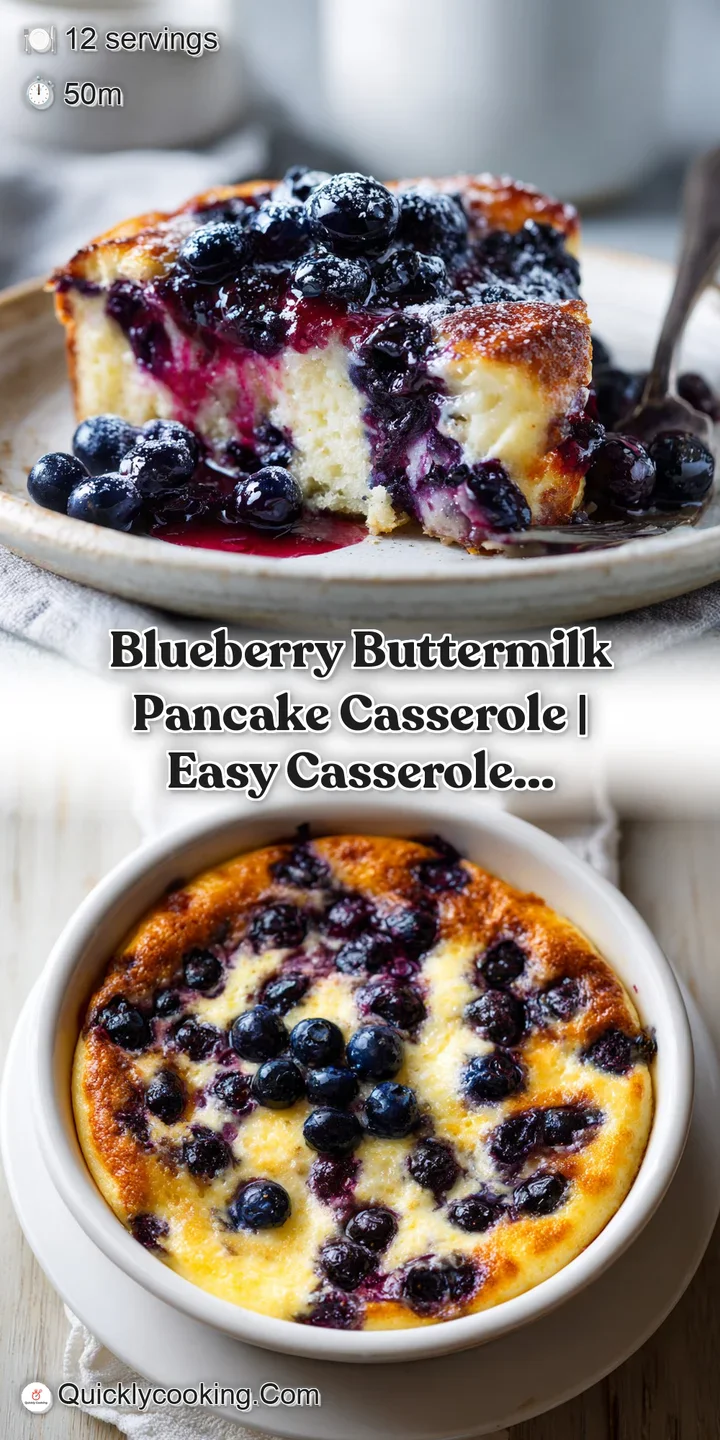 Close-up of a warm, golden pancake casserole with glistening blueberries peeking through the tender crumb.