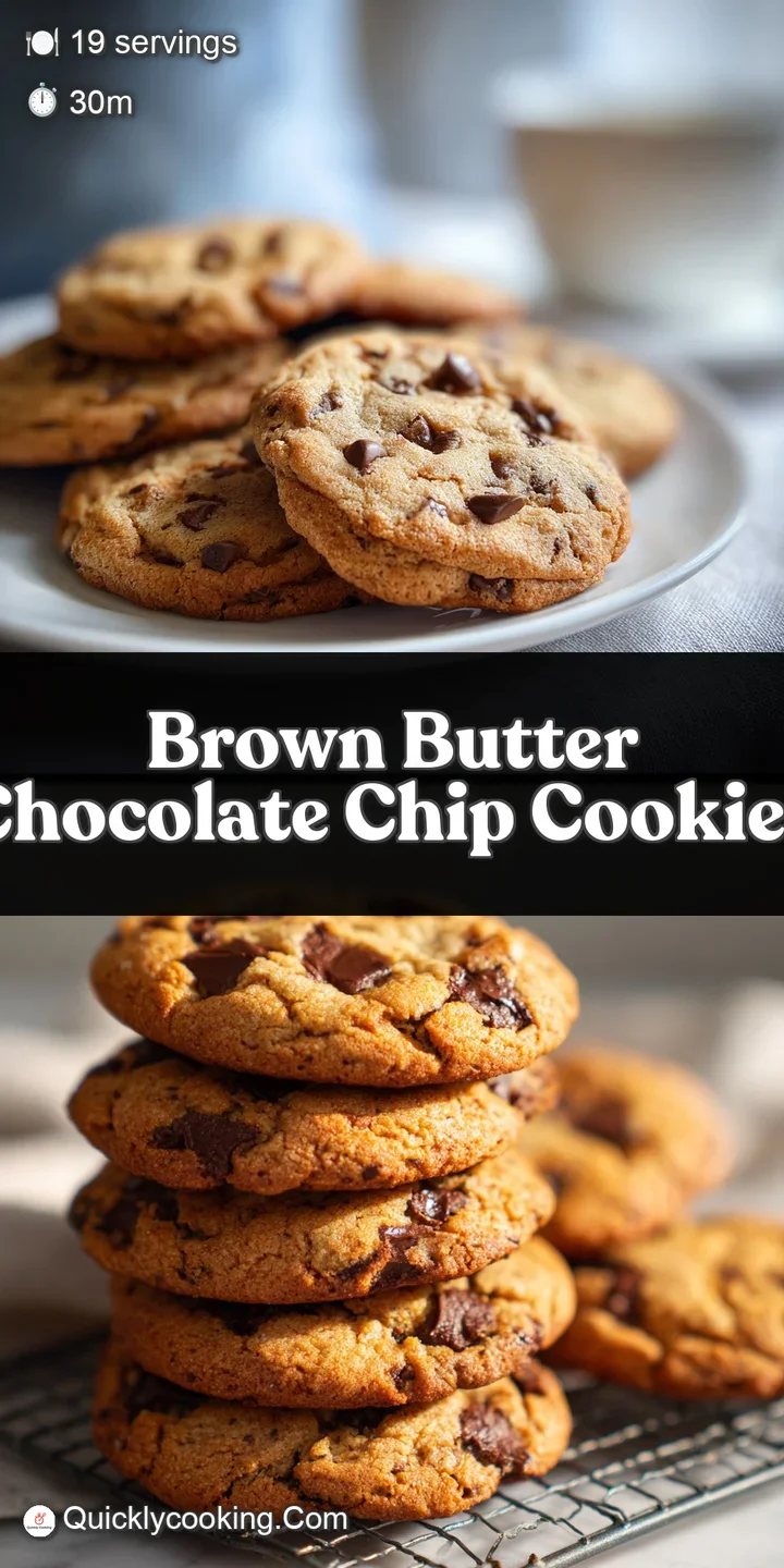 Close-up of a chewy brown butter chocolate chip cookie. Dark chocolate chunks gleam, edges are crisp, inviting bite with s...