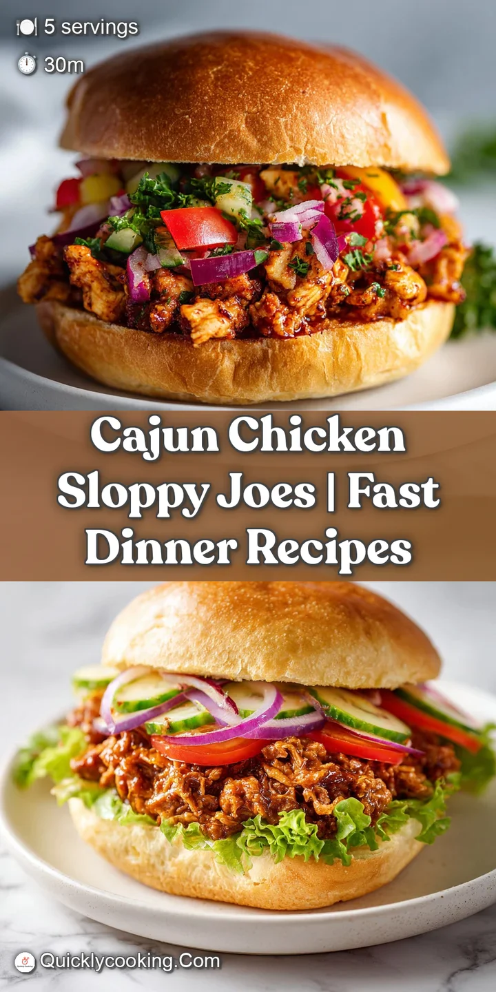 Close-up of moist, shredded chicken bathed in a rich, reddish-brown Cajun sauce, overflowing a golden bun.