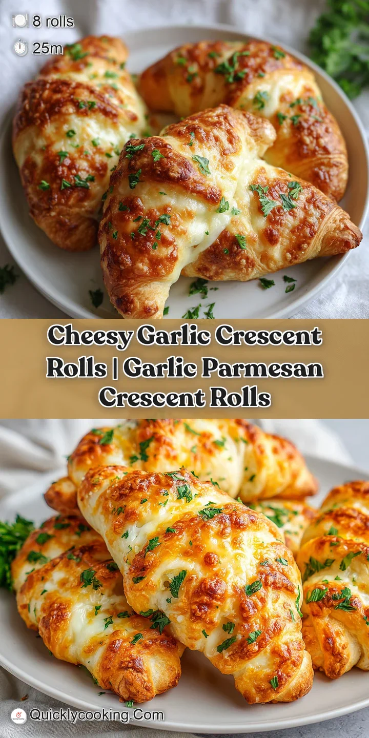 Close-up of melted, bubbly cheese stretching between two warm, buttery golden pastry rolls with minced garlic bits.