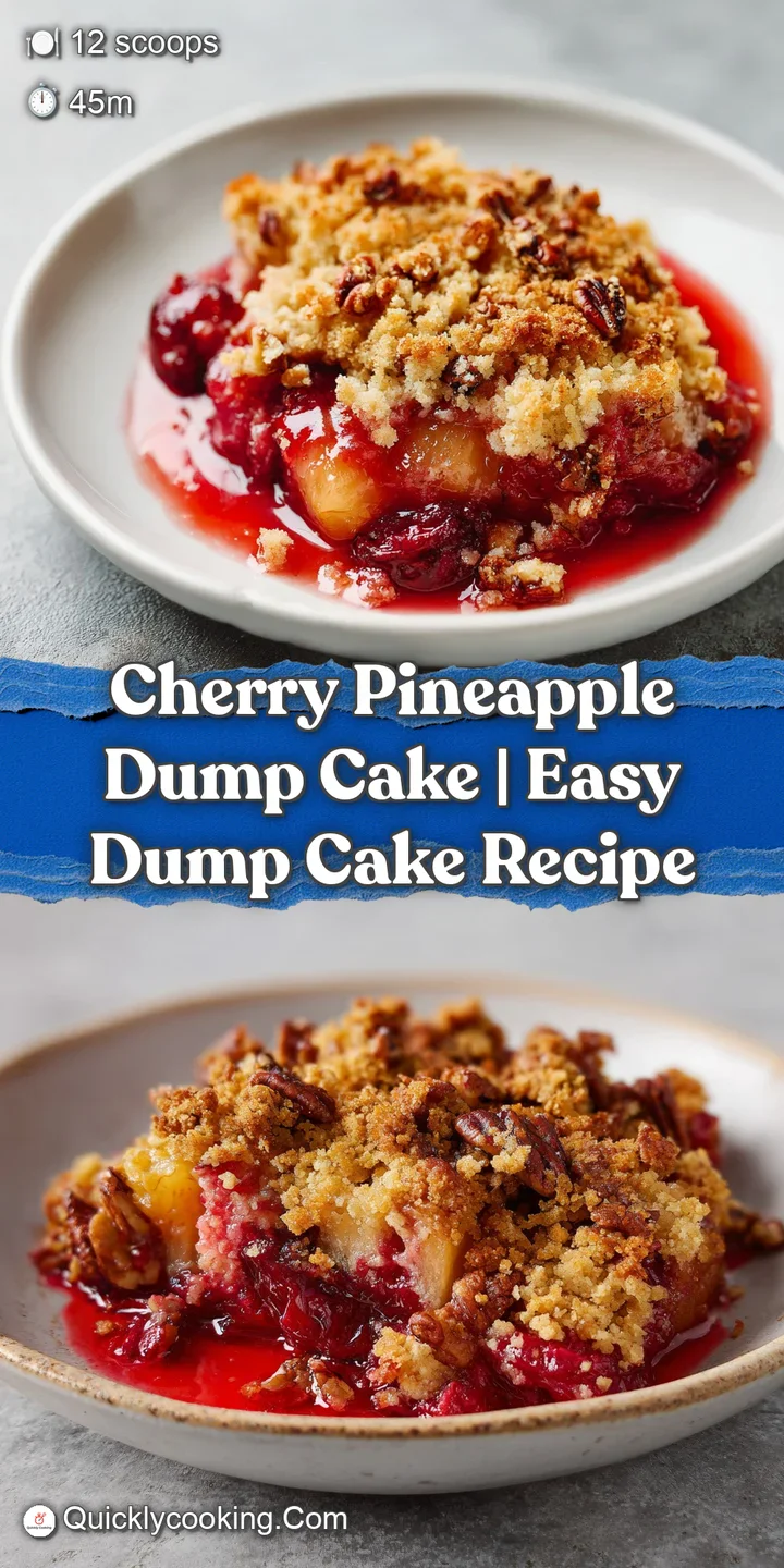 Close-up of glossy red cherries and juicy pineapple chunks under a buttery, golden-brown pecan crumble crust.