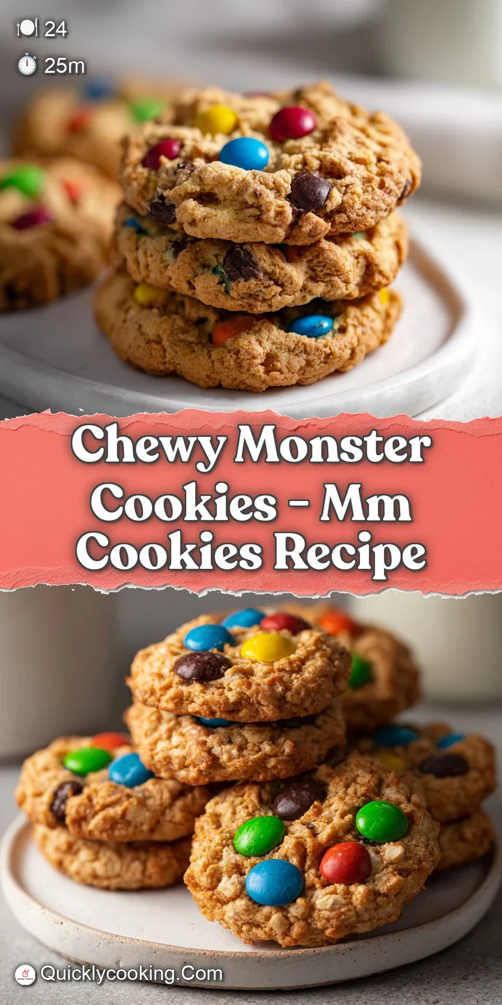 Close-up of a monster cookie, revealing gooey melted chocolate, colorful candy bits, and the rough texture of oats through...