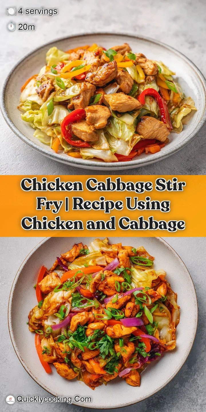 Close-up of juicy chicken pieces mixed with shredded cabbage and bright red bell pepper strips, lightly coated in savory s...