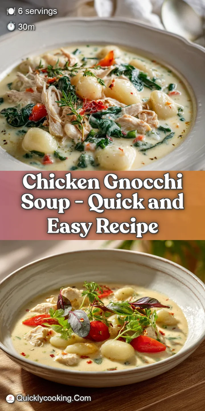 Close-up of soft, pillowy gnocchi and shredded chicken in a warm, creamy soup with a swirl of green.