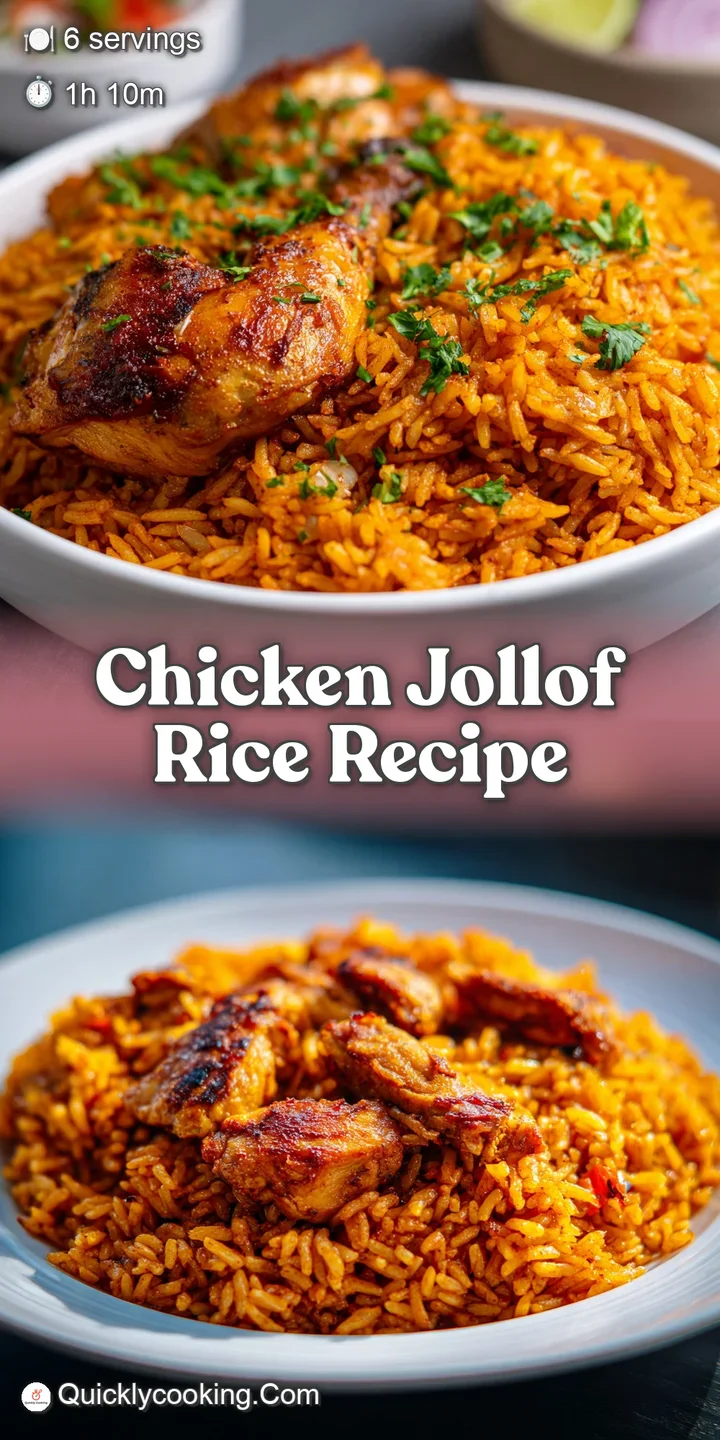 Close-up of steaming Jollof rice, showcasing the rich, vibrant red-orange color, tender chicken, and appetizing aroma.