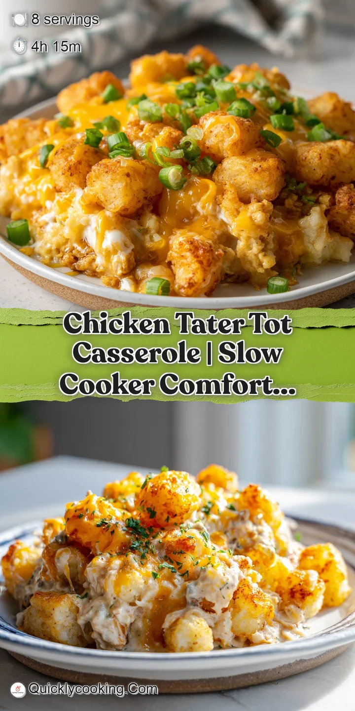 Crispy tater tots nestled over tender shredded chicken in a rich, savory sauce, a close-up view.