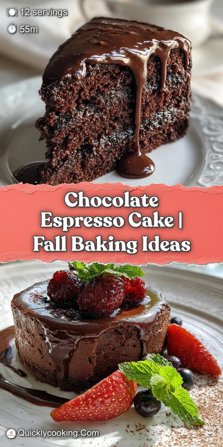 Close-up reveals intensely dark chocolate cake, moist crumb, and glistening espresso glaze. A delightful coffee aroma seem...