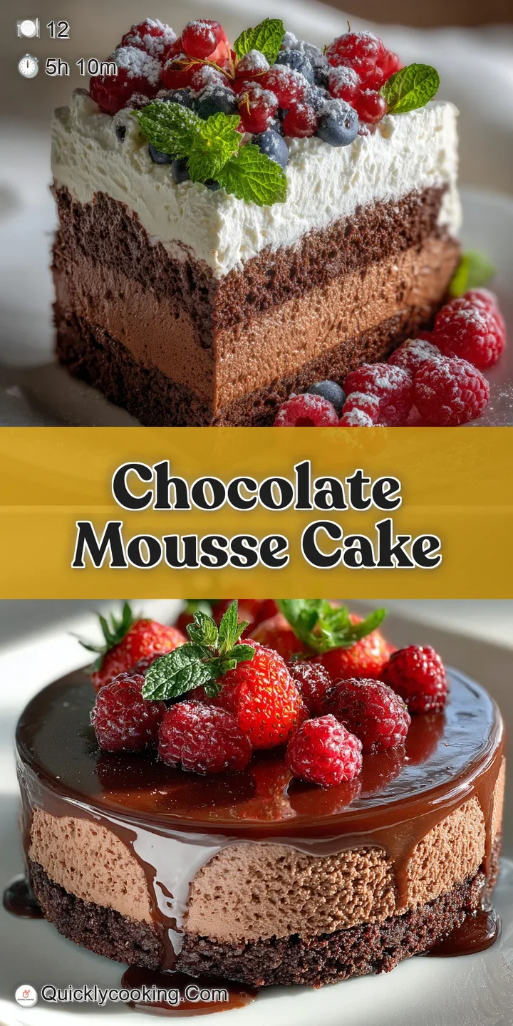 Close-up: Deep, dark chocolate mousse cake, airy and decadent texture. Soft peaks and a rich cocoa dusting invite a taste.