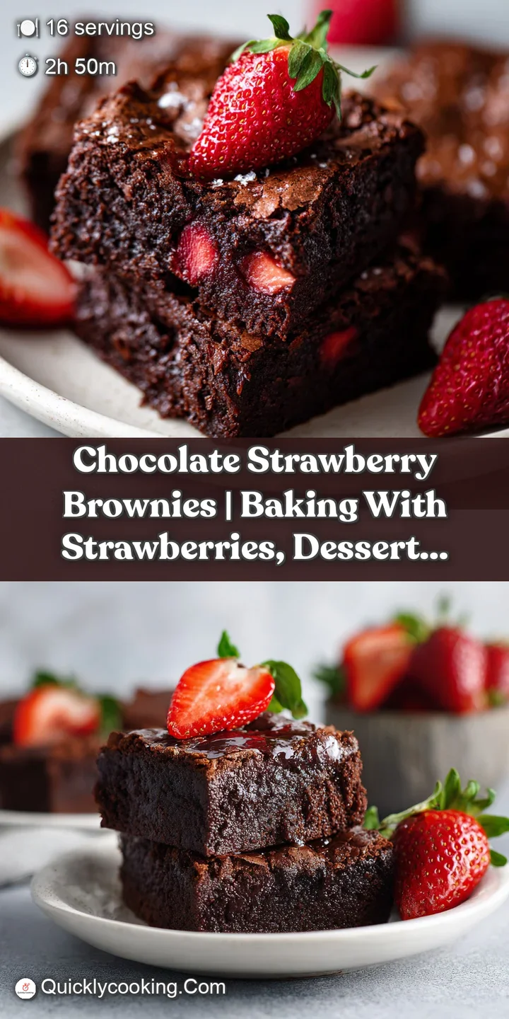 Fudgy, dark chocolate brownie squares with a moist, crumbly texture and bright red strawberry pieces.