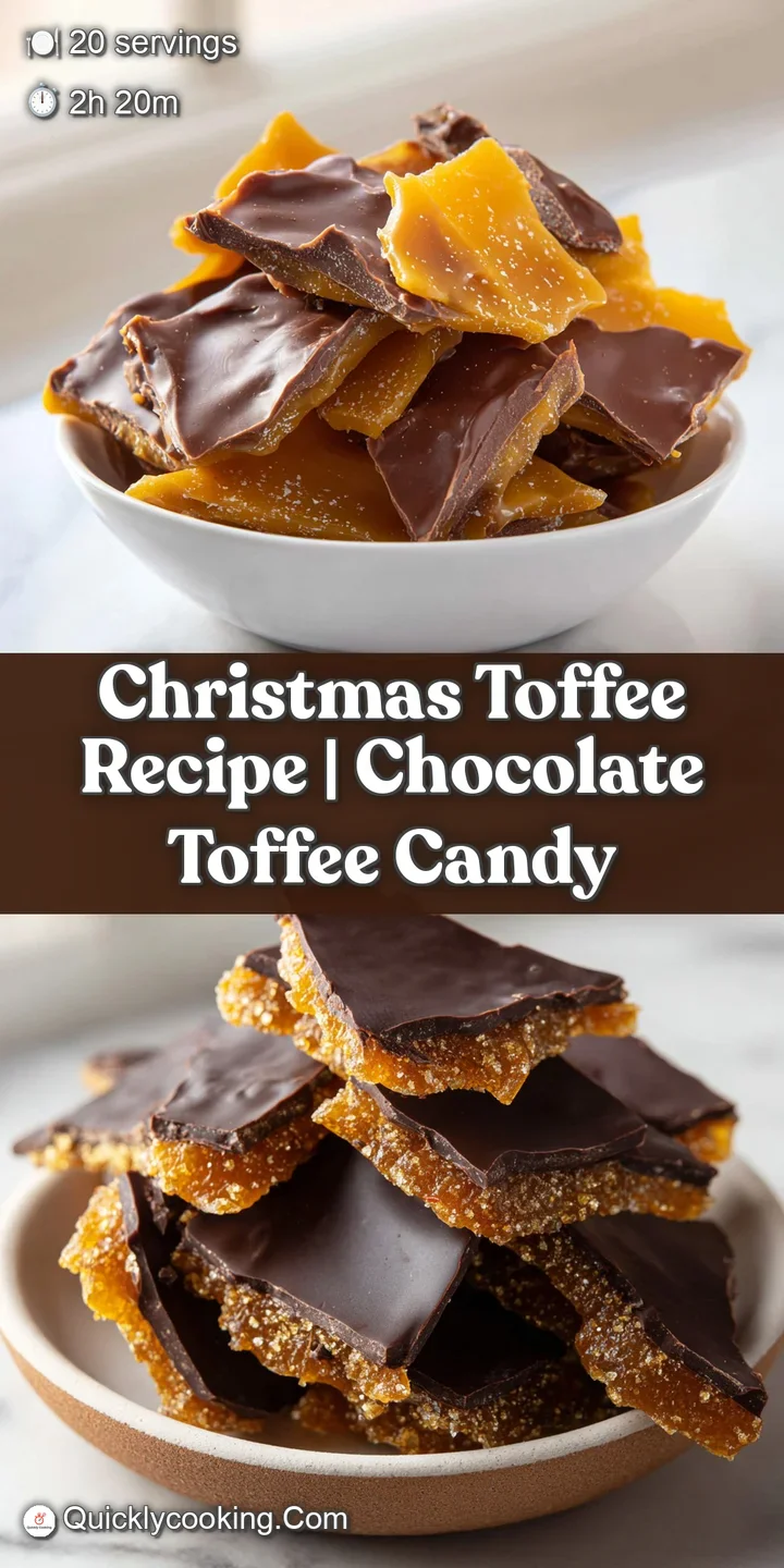 Close-up of a glossy, buttery candy slab with a thick layer of melted chocolate and a sprinkle of sea salt.