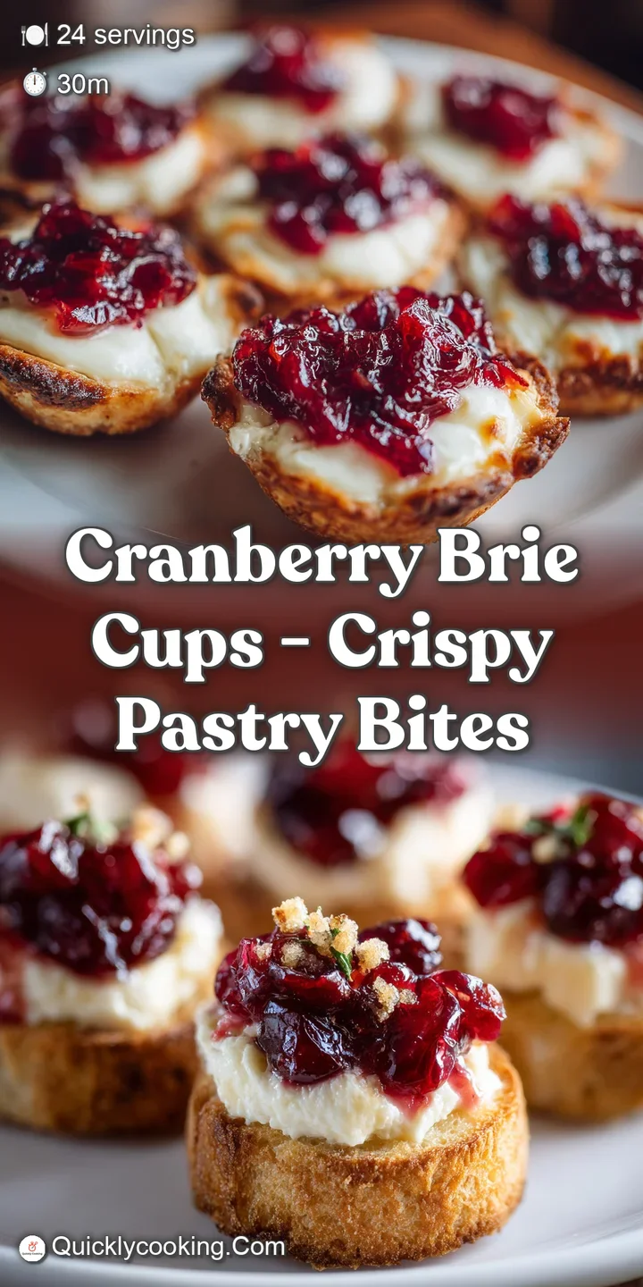 Close-up of a cranberry brie cup showcasing the molten cheese, glistening cranberries, and flaky, golden-brown crust.