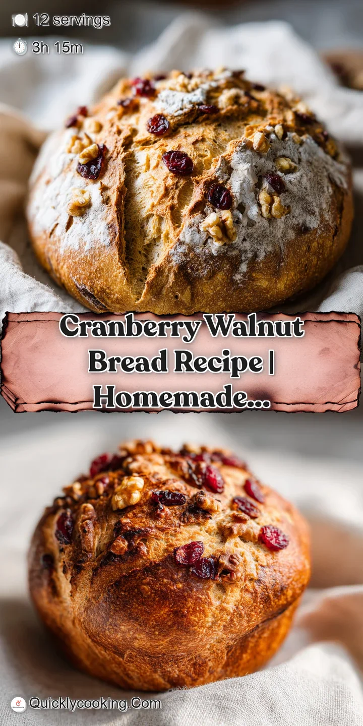 Close-up of cranberry walnut bread with a slightly crusty texture and plump cranberries bursting from the soft, golden-bro...