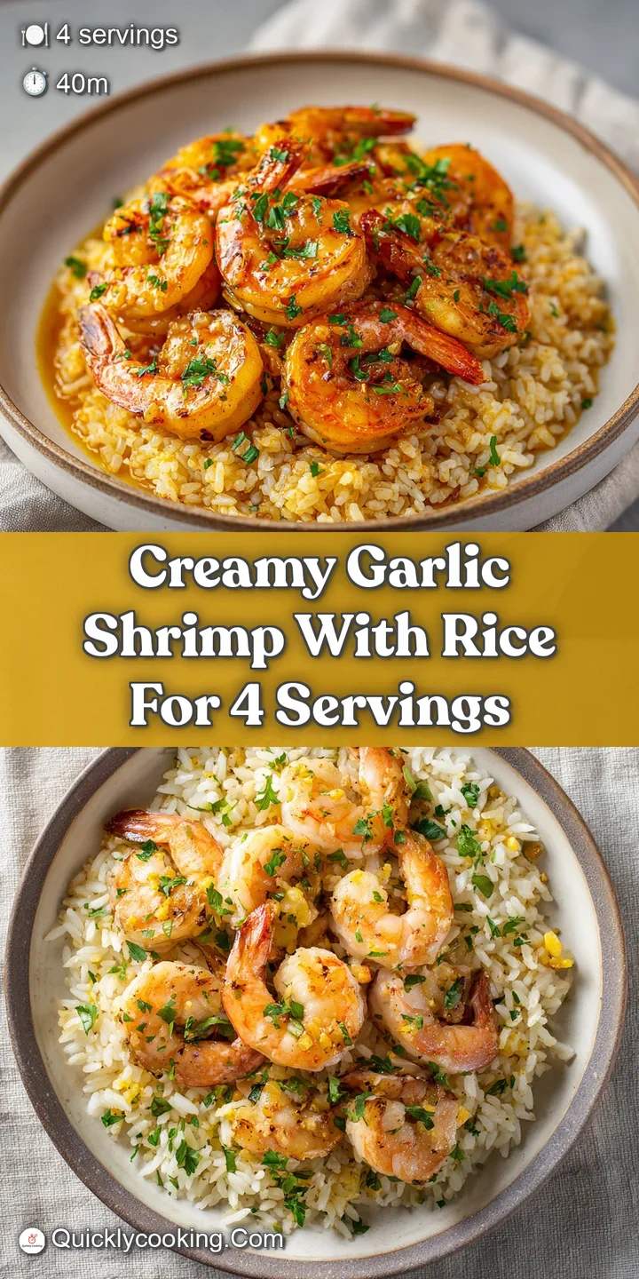 Close-up of creamy shrimp and rice: succulent pink shrimp in a rich, ivory sauce with glistening garlic bits and fresh gre...