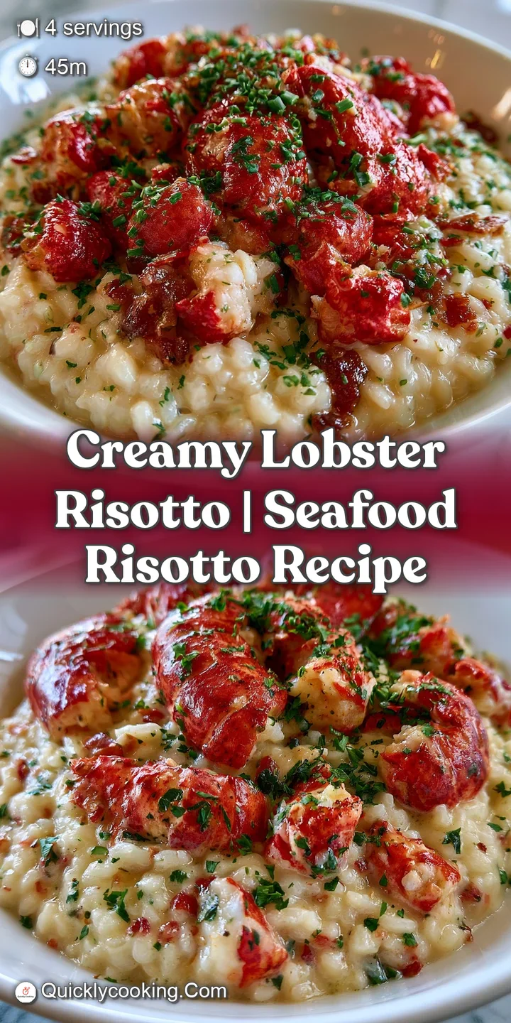 Close-up of velvety, glossy risotto grains enveloping tender pieces of lobster with a hint of melted butter.