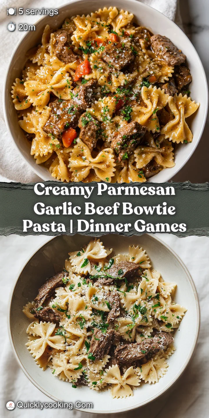 Close-up of tender beef nestled in creamy, cheesy bowtie pasta, garnished with vibrant green herbs.