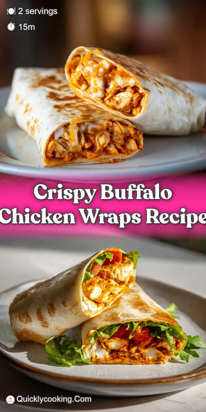 Close-up of a buffalo chicken wrap: tender chicken glistening with spicy sauce, crisp lettuce, and creamy dressing burstin...