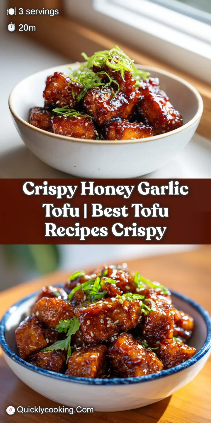 Close-up of crunchy honey garlic tofu pieces, highlighting the glossy glaze and sesame seed speckles.