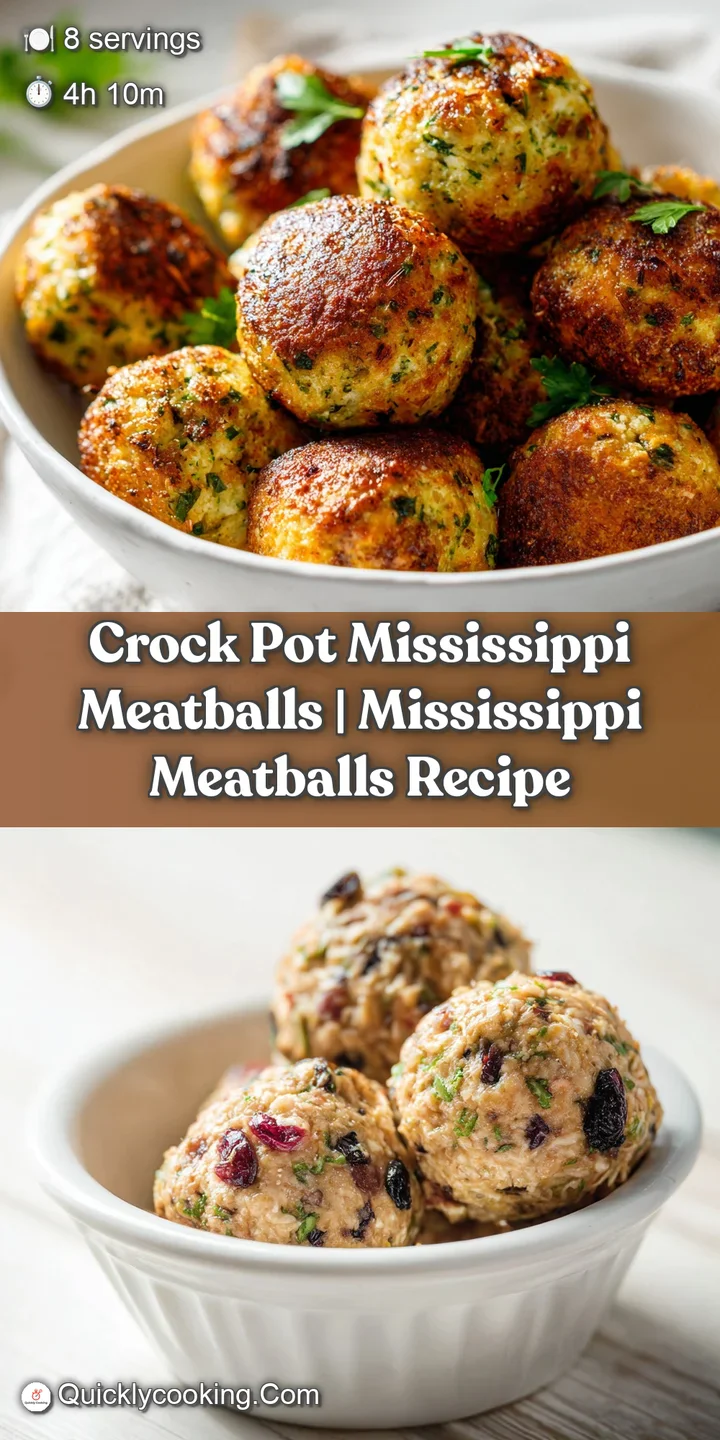 A close-up reveals the juicy texture of slow-cooked meatballs, glistening in a thick, pepperoncini-infused gravy.