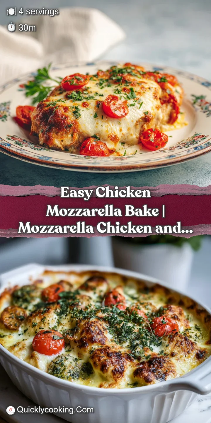 Close-up of a gooey, melted mozzarella cheese stretch over succulent chicken, with browned edges and herbs.