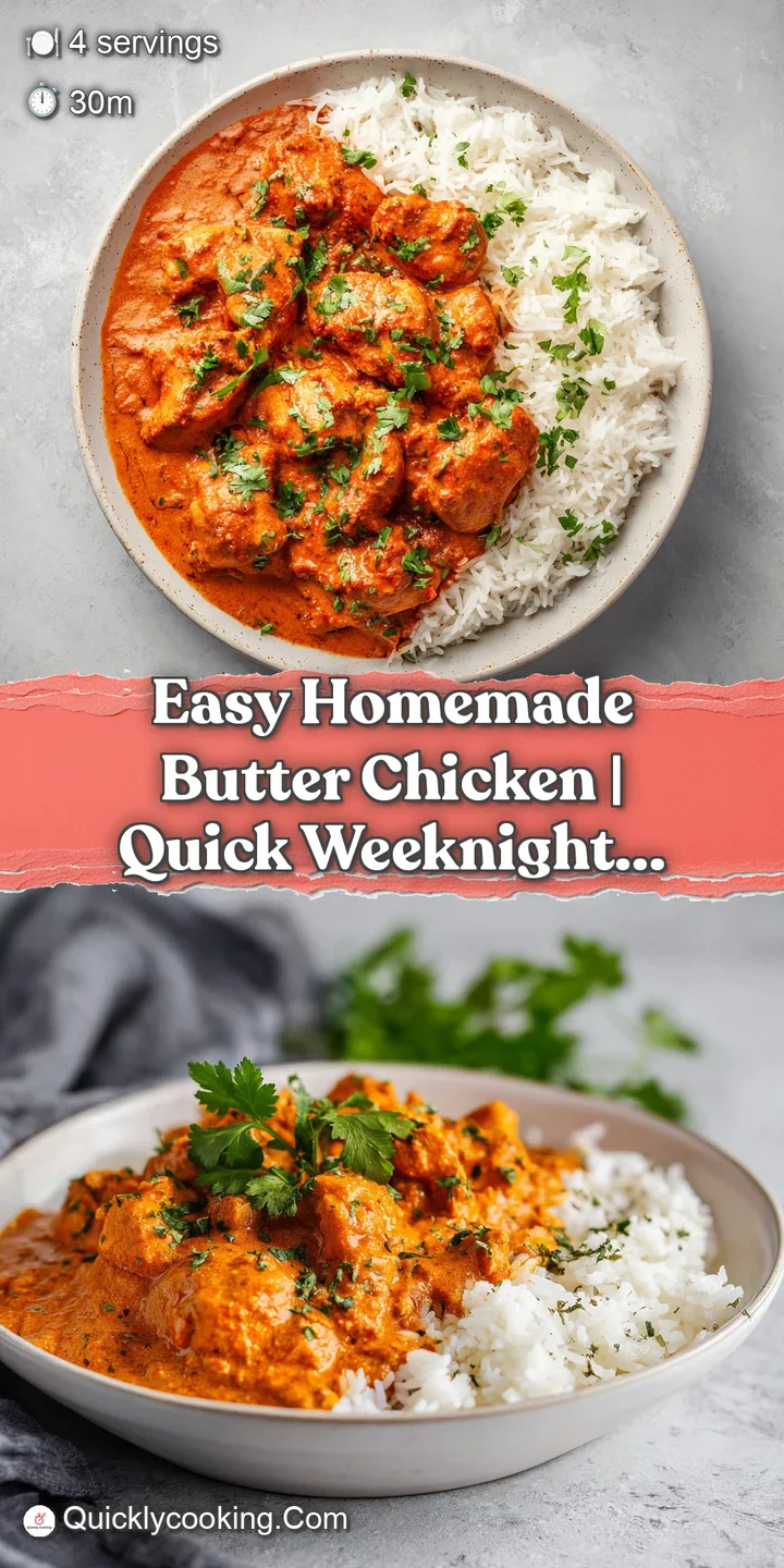 Close-up of succulent chicken pieces swimming in a warm, creamy, orange-red butter chicken sauce, inviting and flavorful.