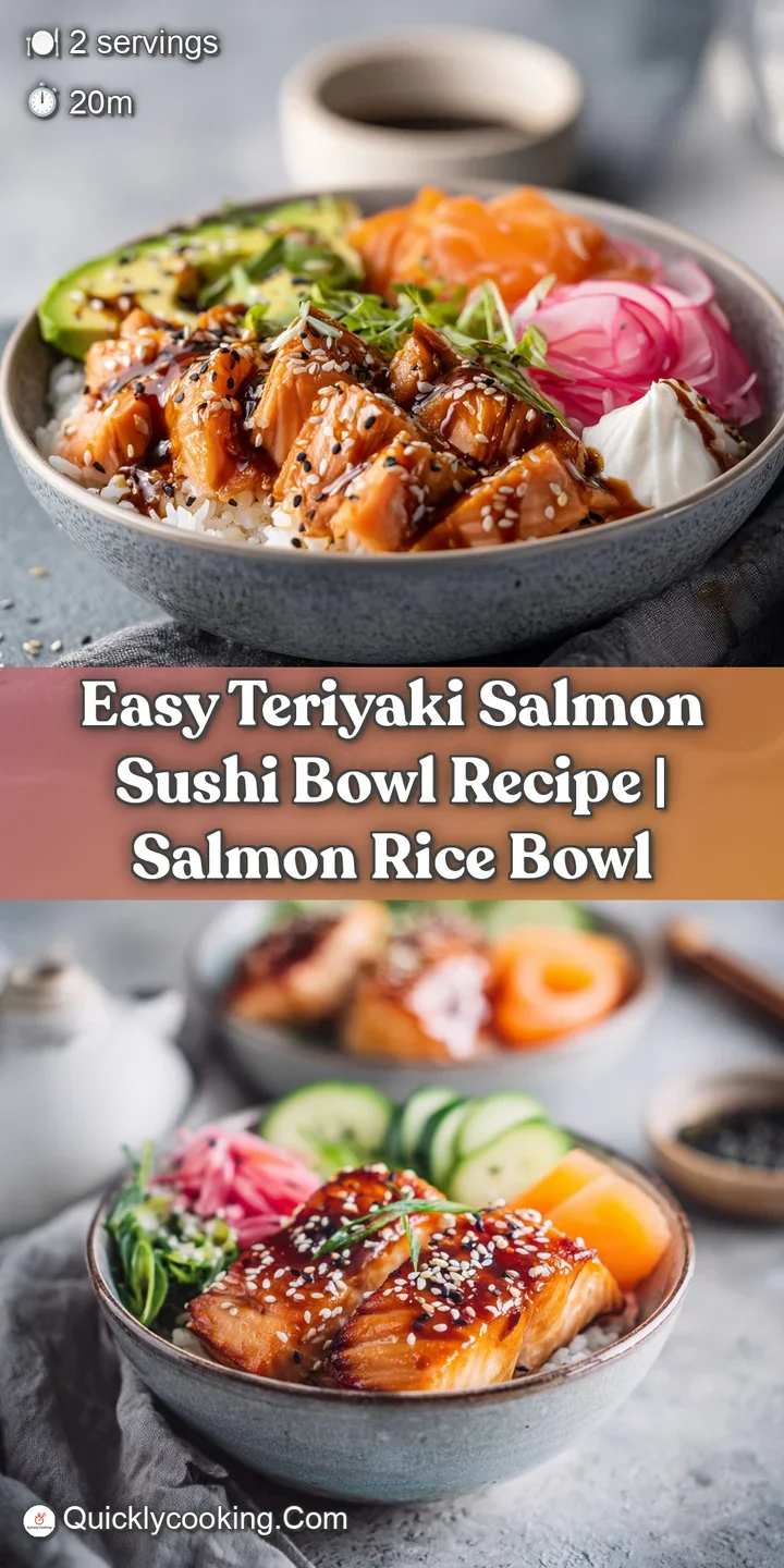 Close-up of glazed Teriyaki salmon with sesame seeds, nestled in fluffy rice. Vibrant greens and reds peek from underneath.