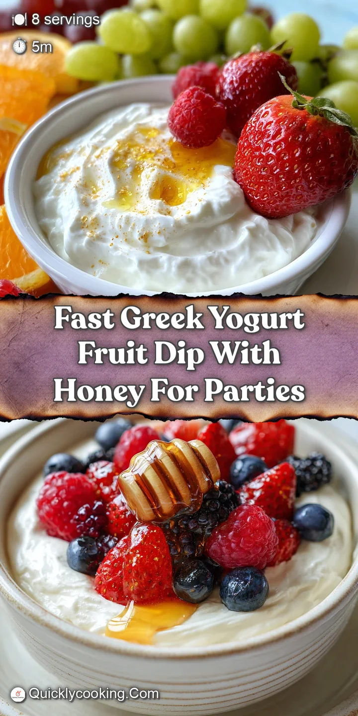 Close-up of luscious Greek yogurt dip with juicy strawberries and blueberries. Glossy honey threads create a sweet, tempti...