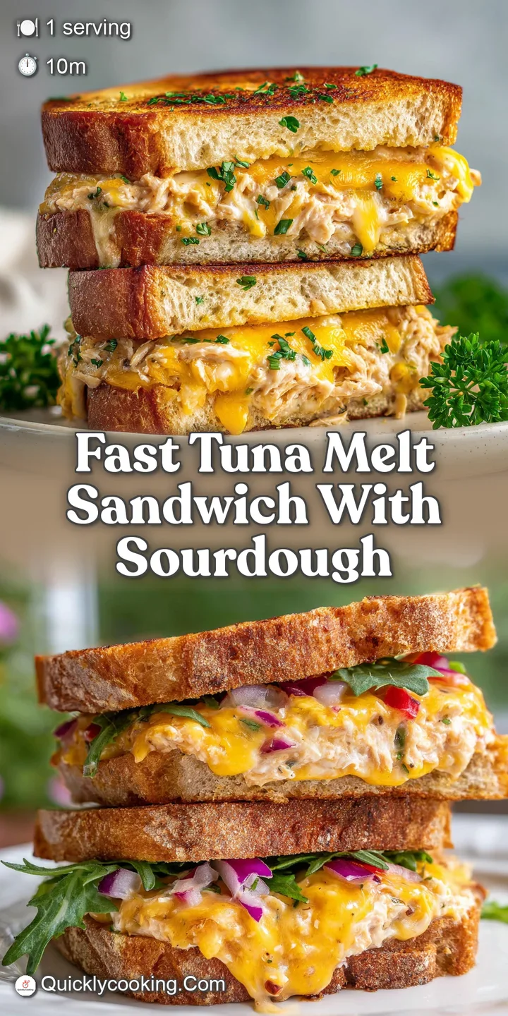 Up-close, golden tuna melt, toasted sourdough peaks, bubbling, melted cheese. Hints of tuna and seasonings are visible.