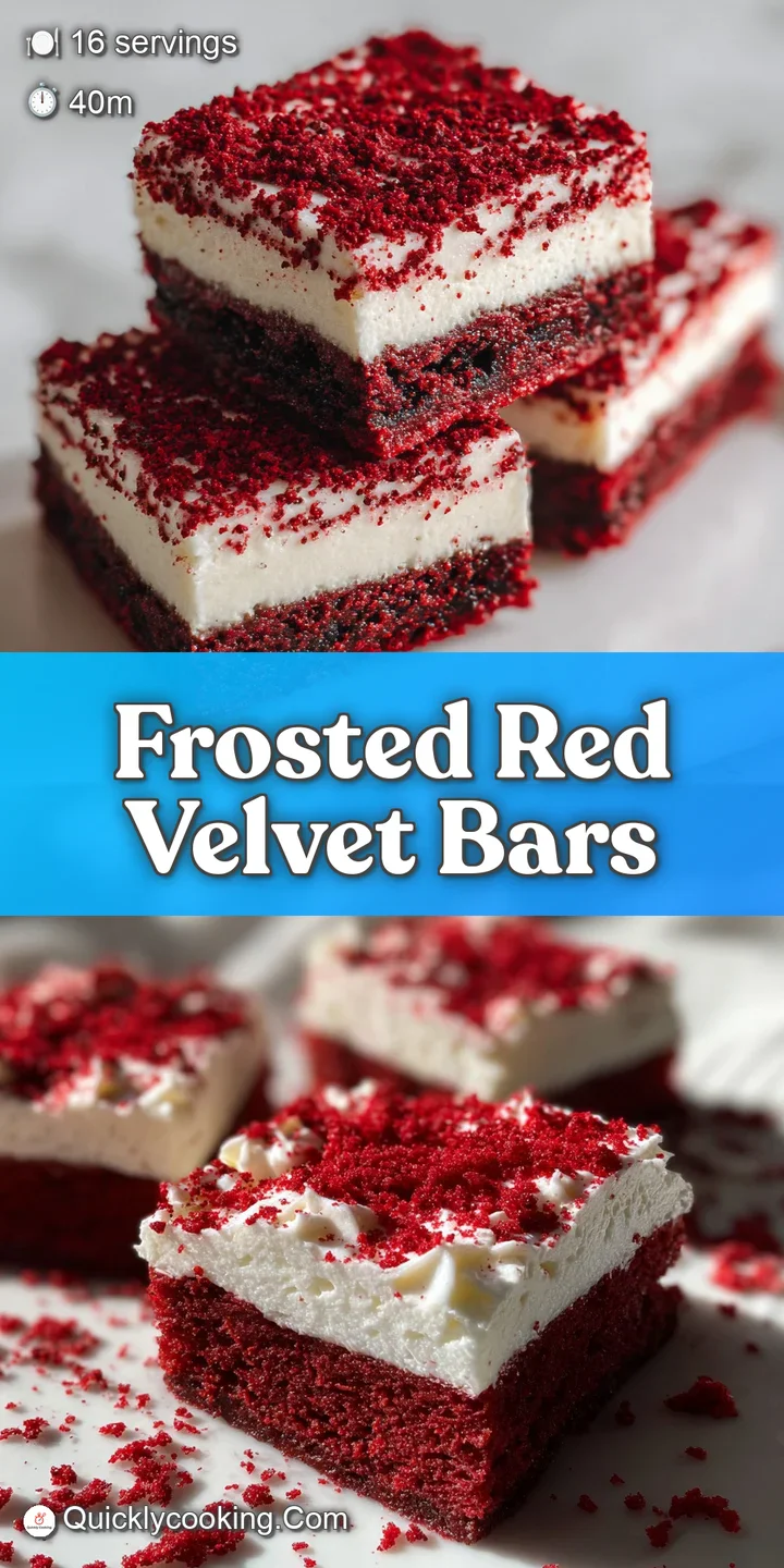 Luscious, moist red velvet bar squares with a thick layer of decadent frosting. Inviting, brightly colored, and ready to eat.