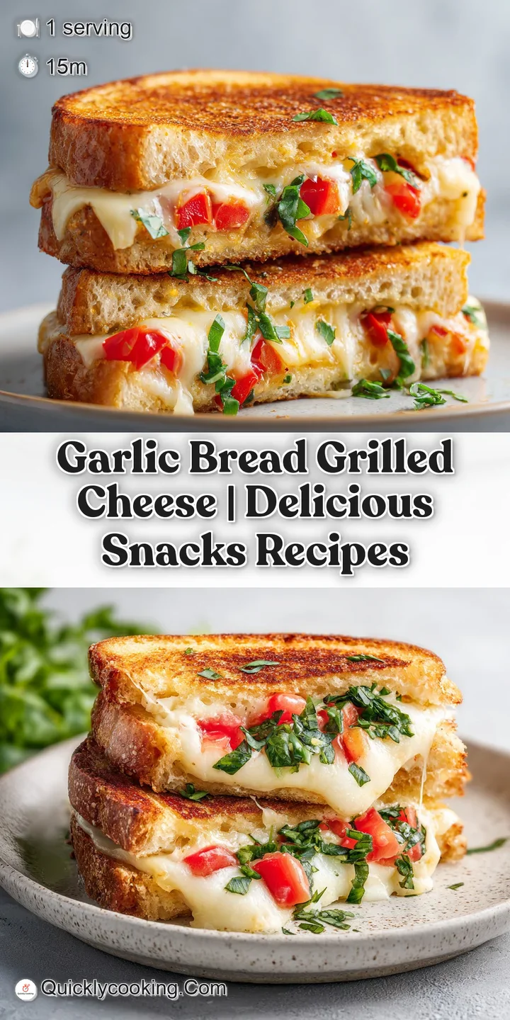 Close-up of gooey, stretched mozzarella melting from a crispy, golden garlic bread sandwich.