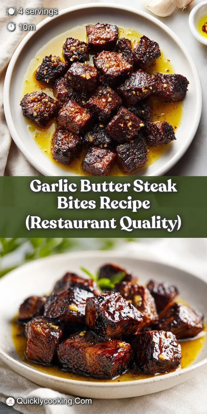 Close-up of juicy, browned meat chunks glistening with butter and toasted garlic bits, radiating warmth and richness.