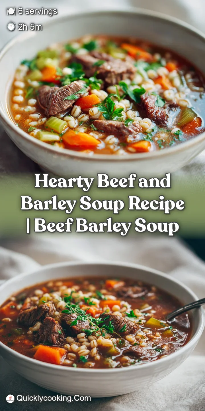 Close-up of beef barley soup showcasing tender beef, plump barley, and vibrant carrots in a savory, simmering broth. A com...