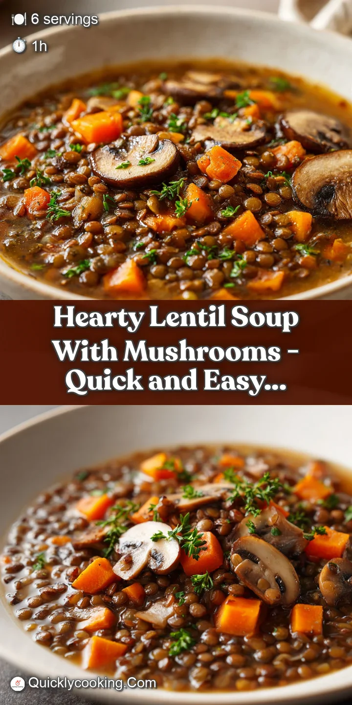 Macro shot of velvety brown broth with tender lentils and earthy mushrooms, garnished with a bright green herb sprig.