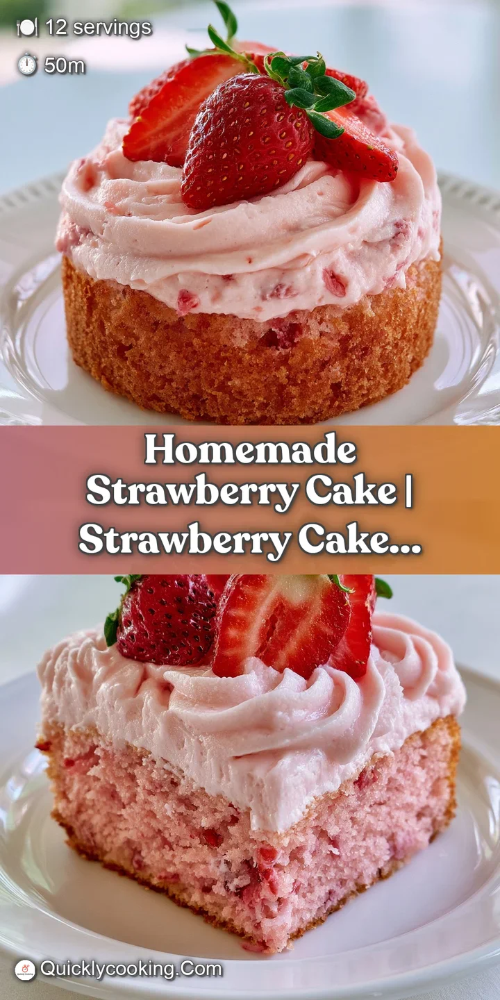 Close-up of a velvety pink frosting peak with juicy, red strawberry slices and a light, airy crumb texture.