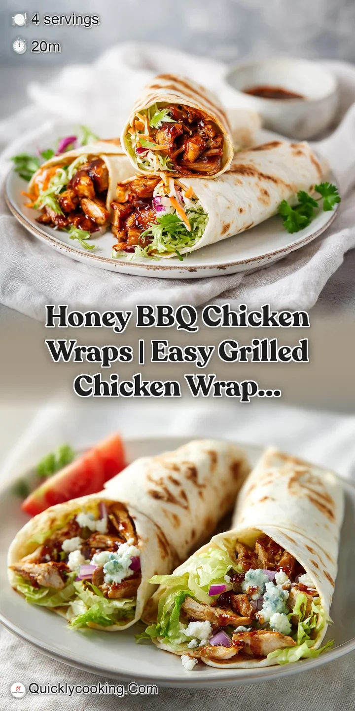 Close-up of tender shredded chicken coated in a rich, dark honey BBQ glaze, peeking out from a lightly toasted tortilla.