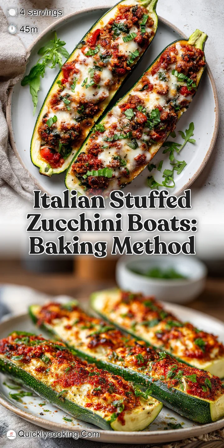 Close-up of stuffed zucchini: a rich, textured filling with browned cheese, vibrant herbs, and juicy tomato chunks poking ...