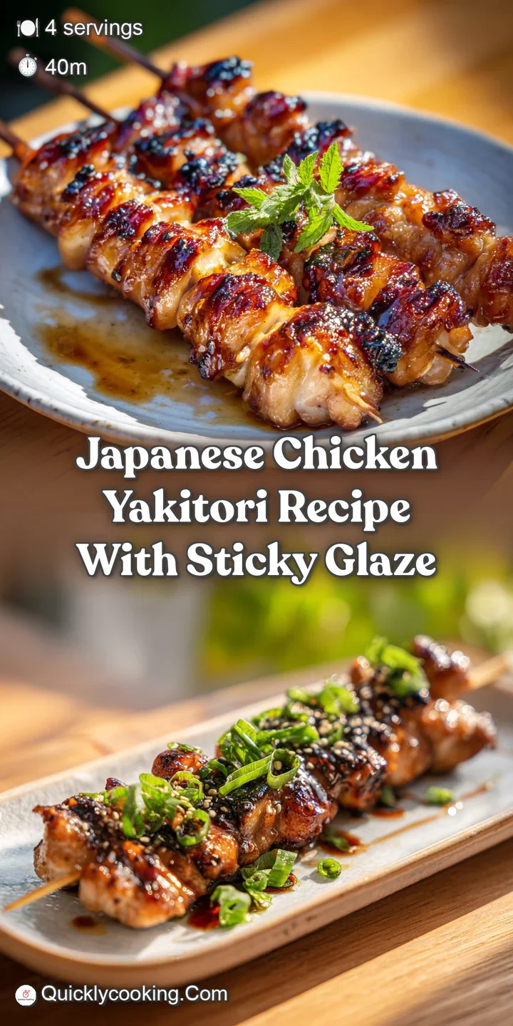 Close-up of glistening yakitori chicken, brushed with a rich, dark sauce, revealing savory char marks and sprinkled sesame...