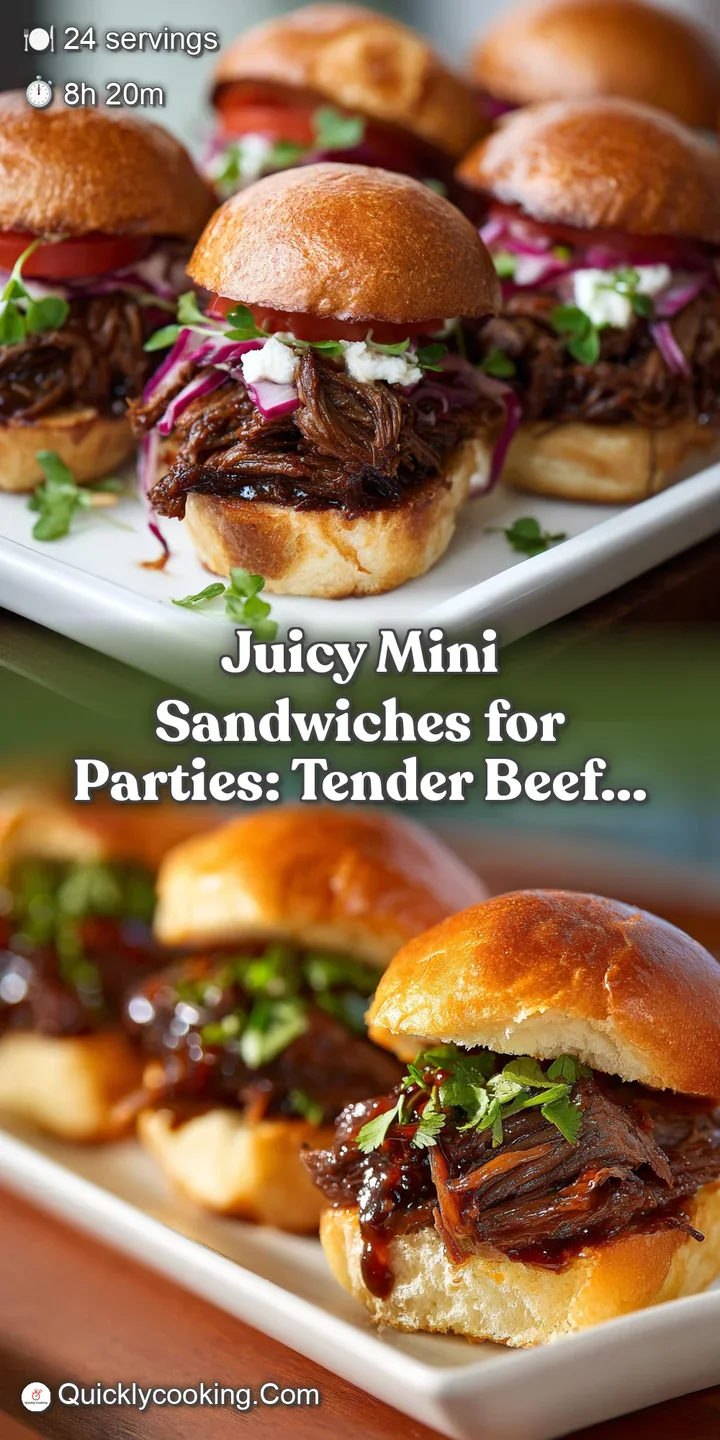 Close-up reveals the juicy, slow-cooked filling bursting from the toasted mini sandwich. Toppings add color & texture cont...
