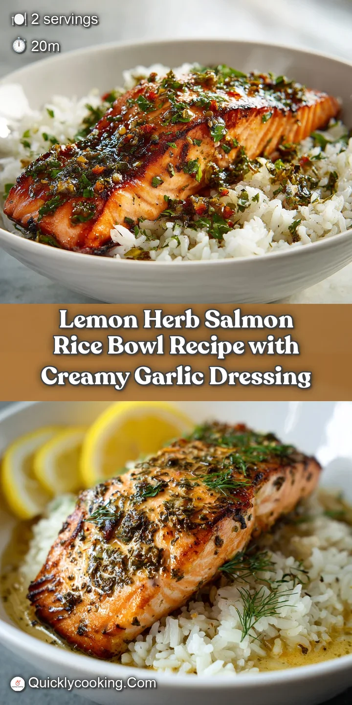 Close-up of tender salmon with visible grill marks. Rice and herbs hint at a light, fresh taste. Zesty lemon offers bright...